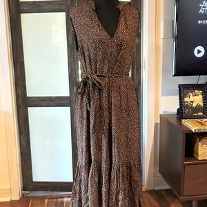 Aura Brown Printed Sleeveless Maxi Dress with Tie Waist